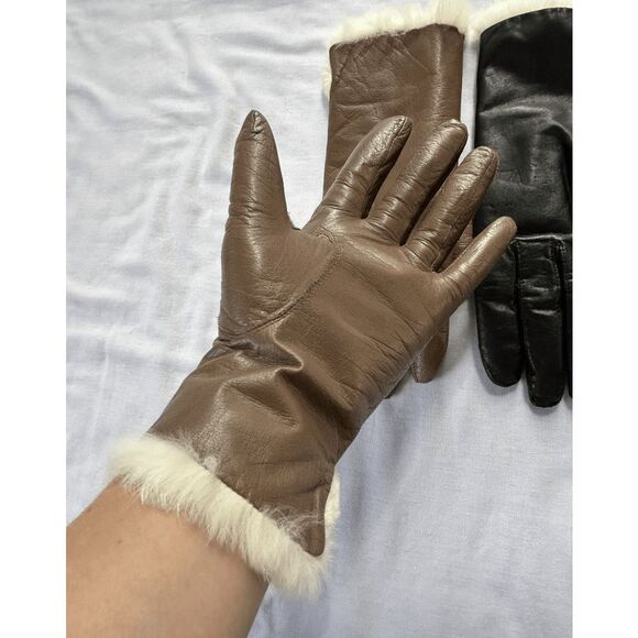 Faux Leather Fur Lined Glove Set of Two, Black/ Brown, Size Small, Women's - Picture 5 of 5